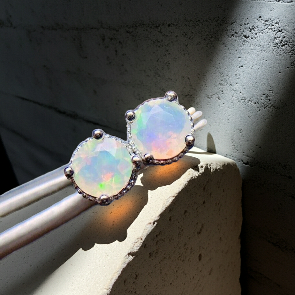 Faceted White Opal Stud Earrings 5mm 925 Sterling Silver