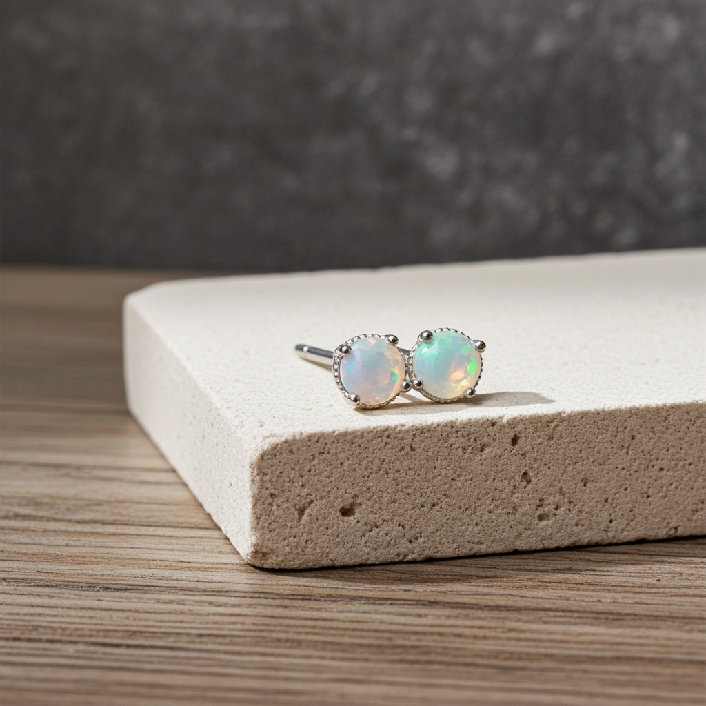 Faceted White Opal Stud Earrings 5mm 925 Sterling Silver