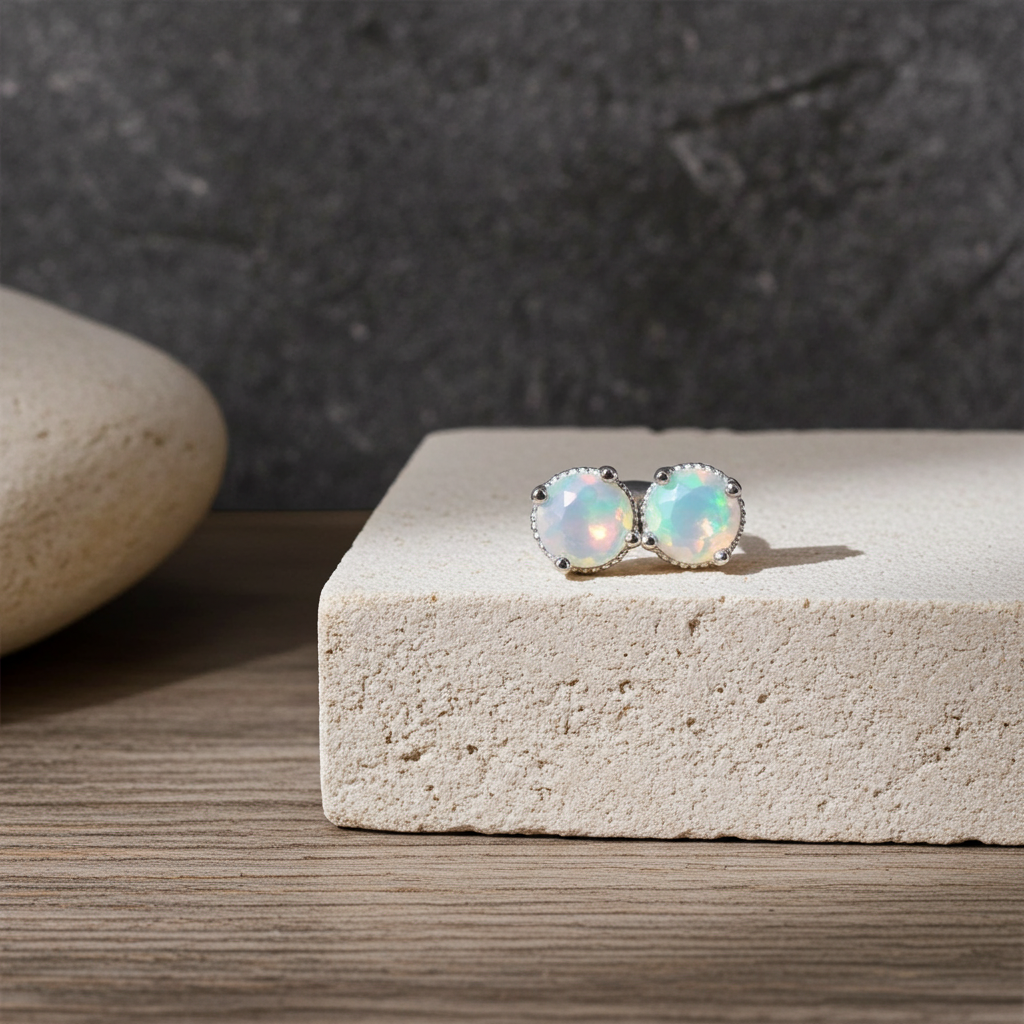 Faceted White Opal Stud Earrings 5mm 925 Sterling Silver