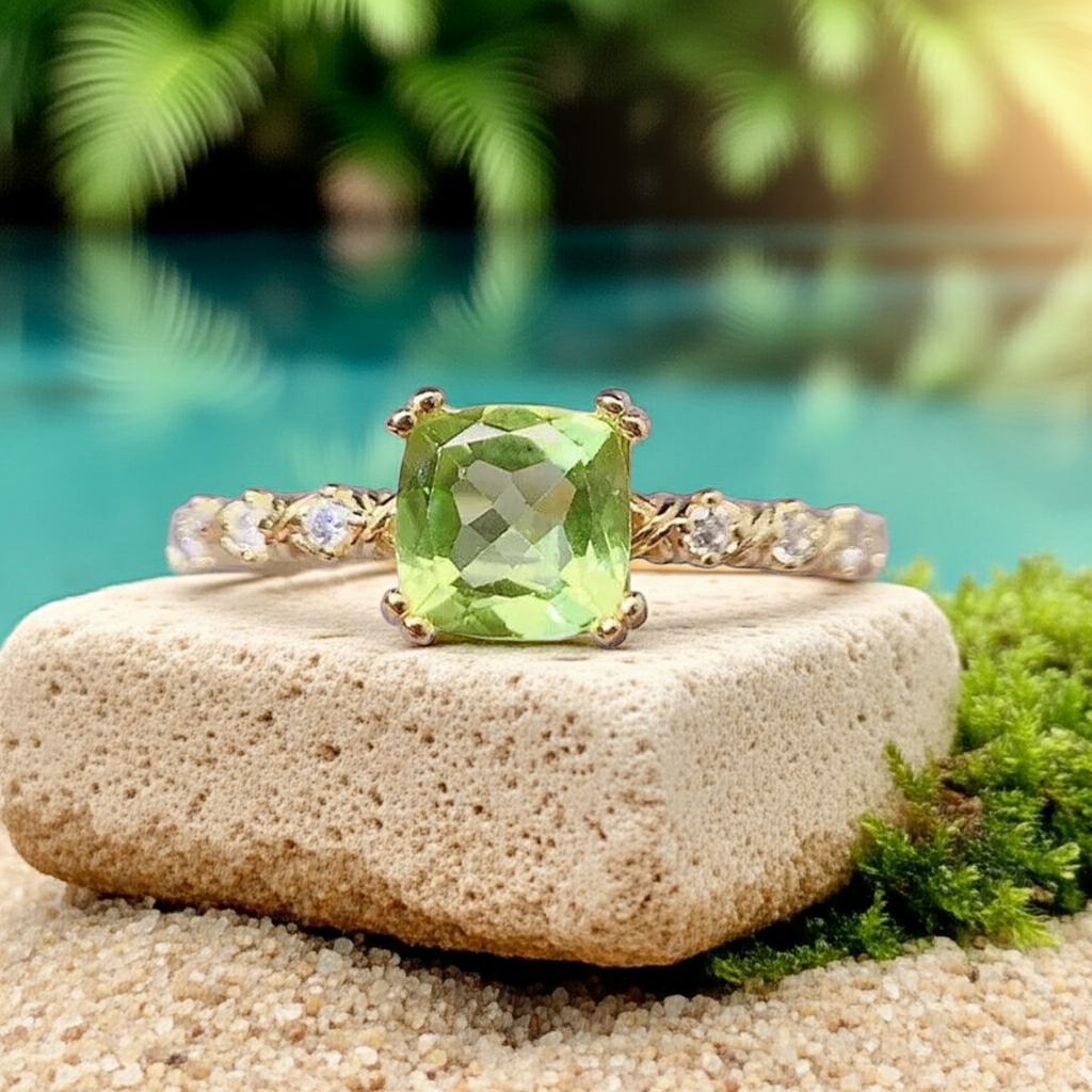 Natural Peridot Cushion Cut Gemstone Ring 6mm, August Birthstone Peridot Ring