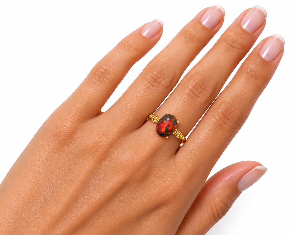 Black Fire Opal Ring 8x10mm on a Hand Model