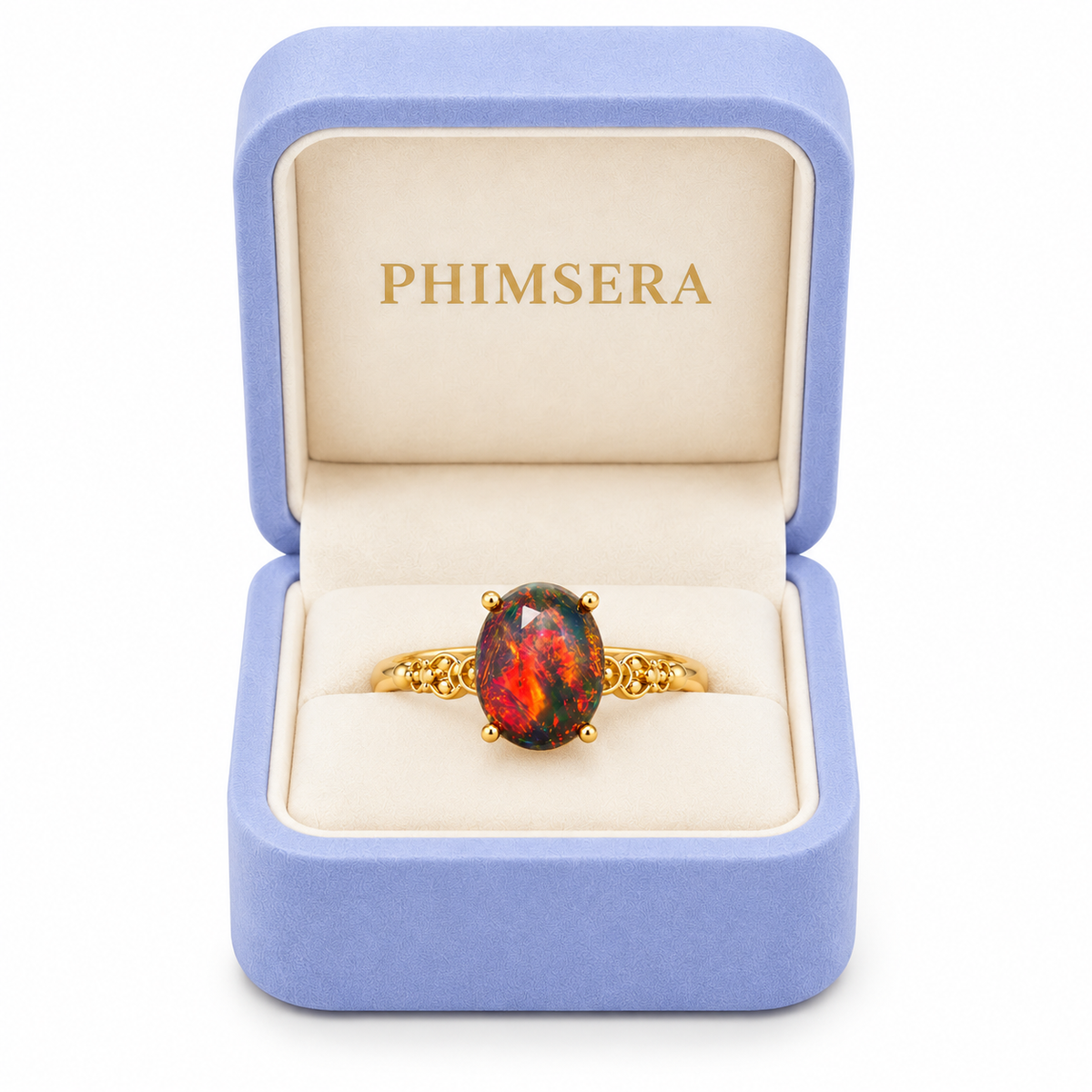 Black Fire Opal Ring measuring 8x10mm in a Phimsera Box
