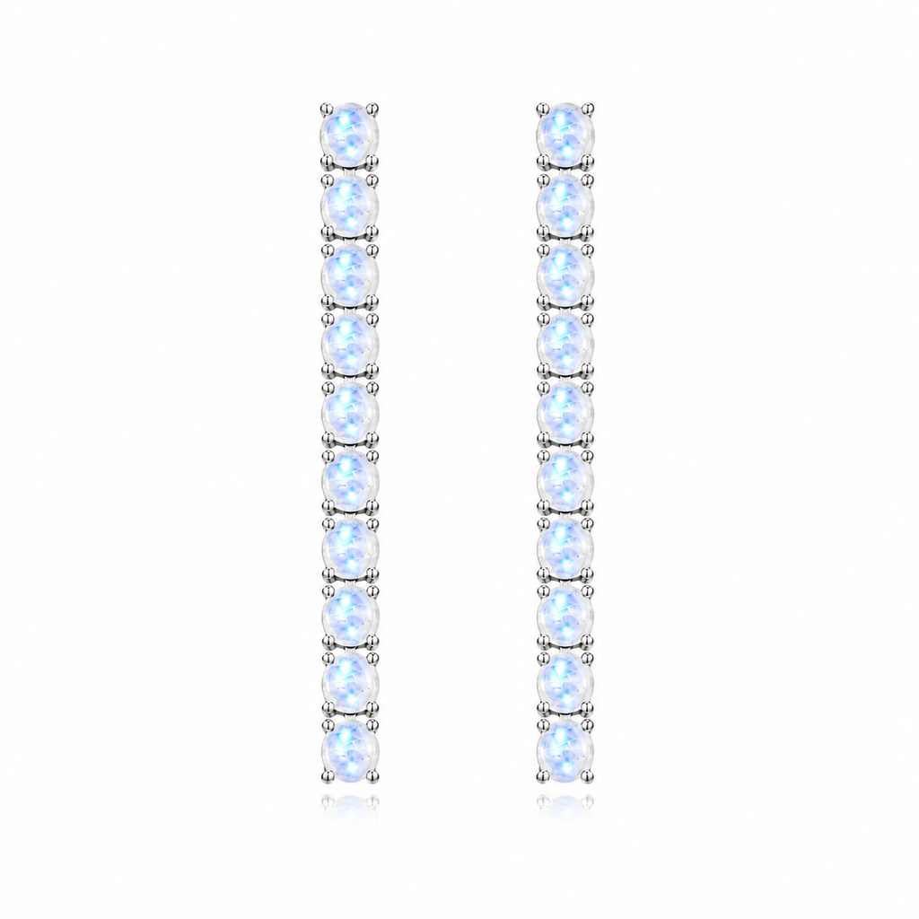 Phimsera 3mm round natural moonstone dangle earrings with 10 luminous gemstones per earring in 925 sterling silver