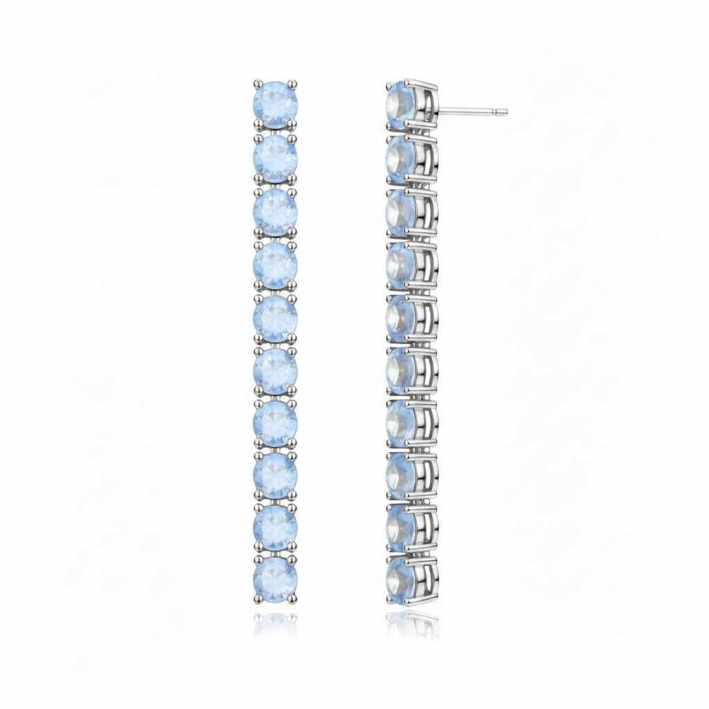 Phimsera 3mm round natural moonstone dangle earrings shown from an elegant angled view with 10 gemstones on each earring