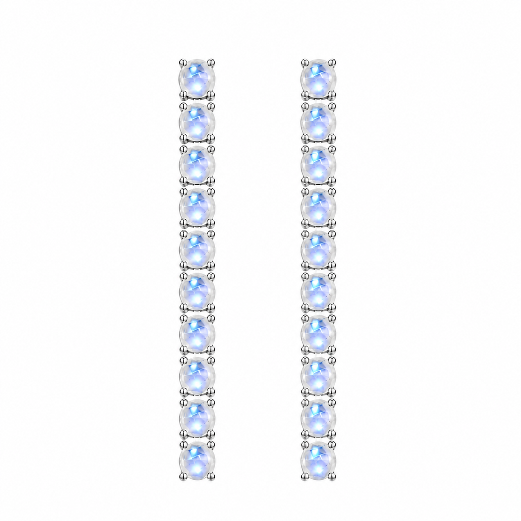 Phimsera natural moonstone dangle earrings featuring 20 round 3mm gemstones arranged in an elegant vertical design