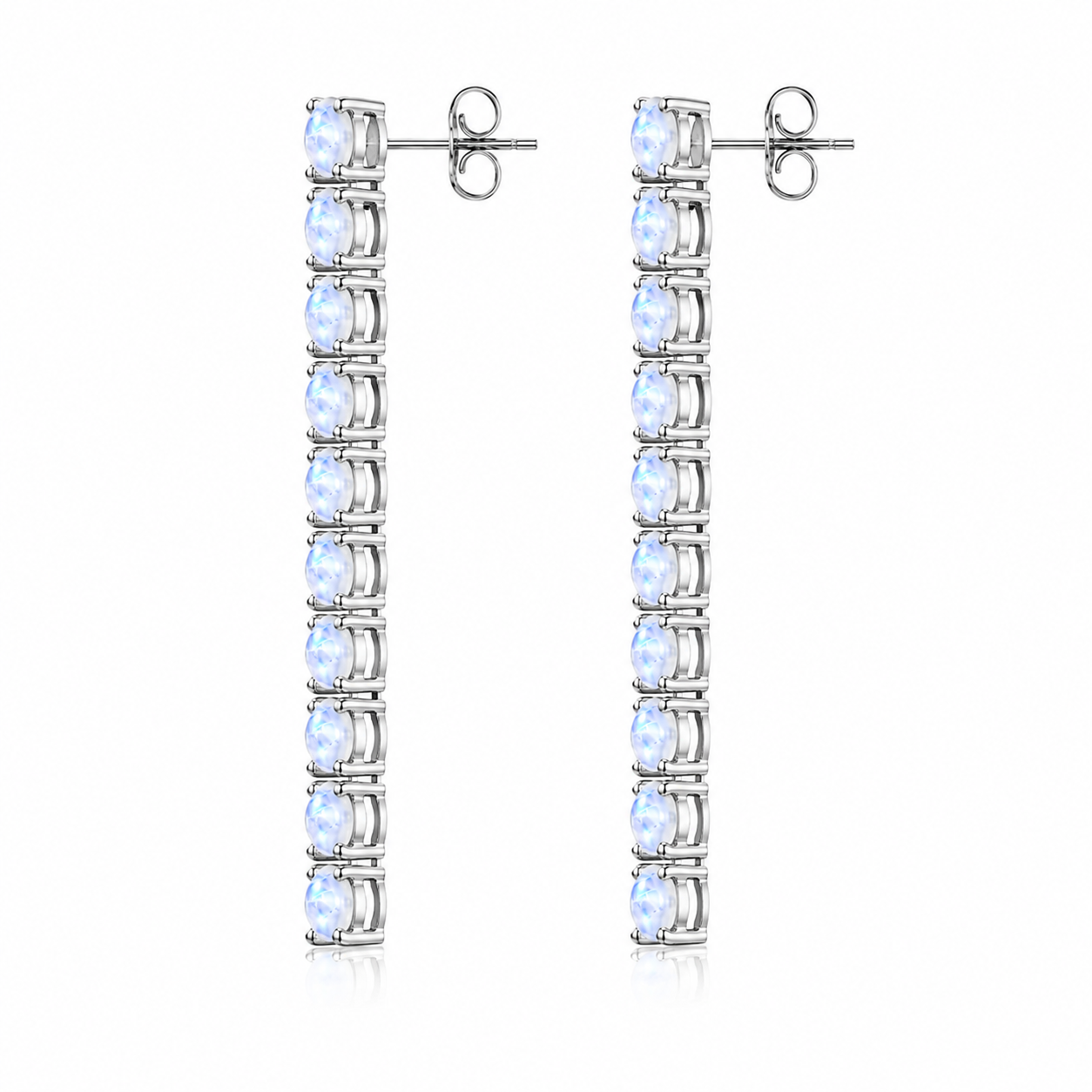 Side view of Phimsera 3mm round moonstone dangle earrings showing the elongated gemstone arrangement and sterling silver settings
