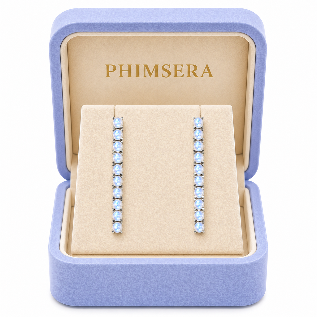 Phimsera 3mm round natural moonstone dangle earrings presented inside a Phimsera jewelry box