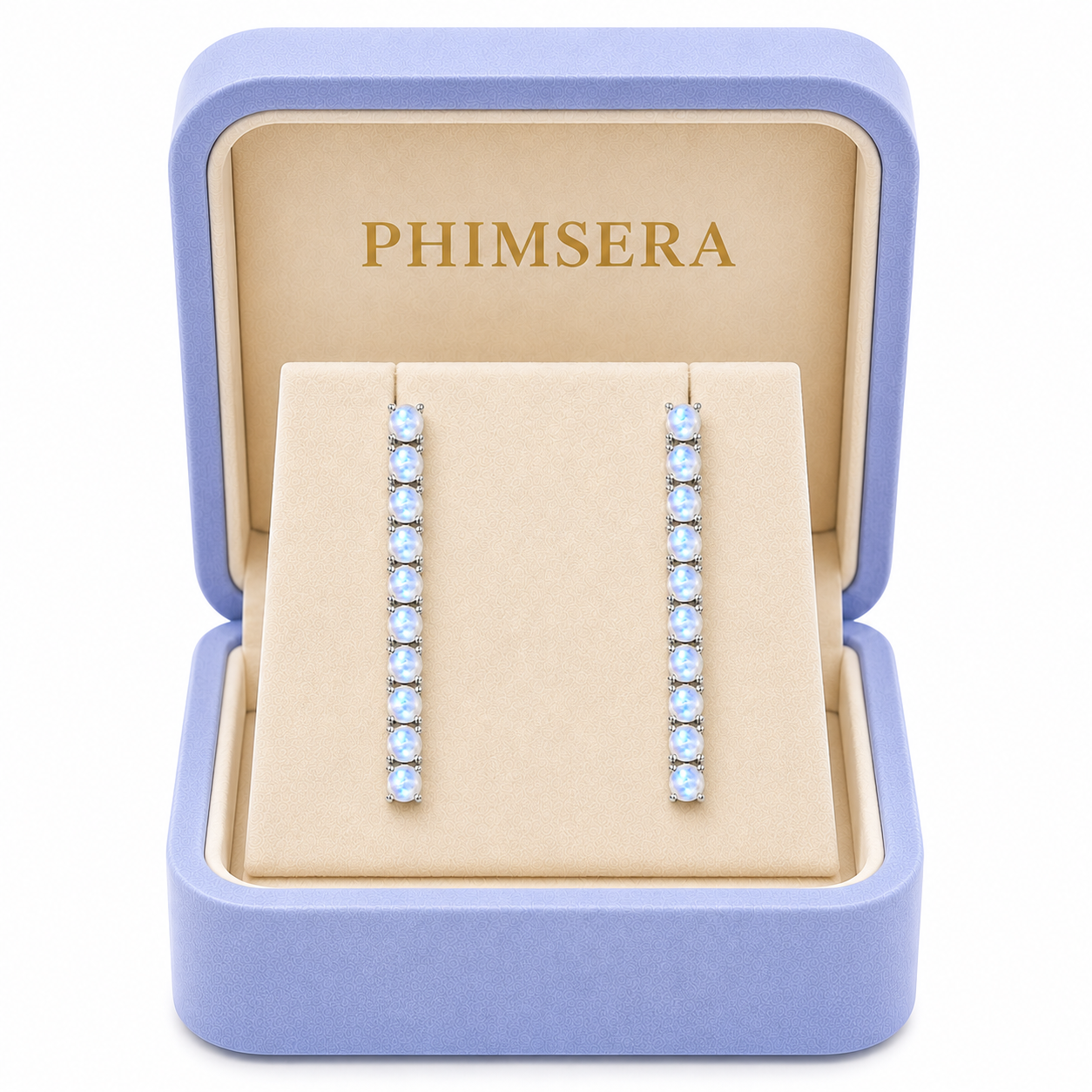 Phimsera 3mm round natural moonstone dangle earrings presented inside a Phimsera jewelry box