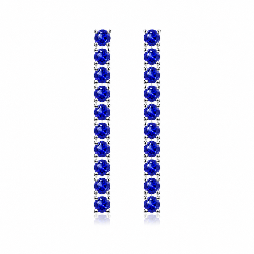 Front view of long 3mm round sapphire dangle earrings with 20 blue sapphire gemstones per pair