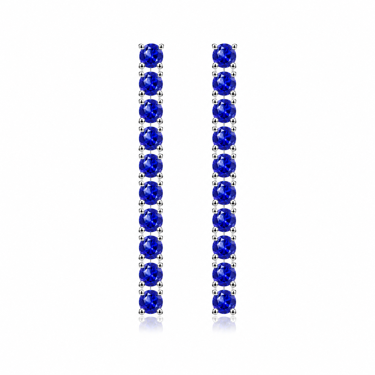Front view of long 3mm round sapphire dangle earrings with 20 blue sapphire gemstones per pair