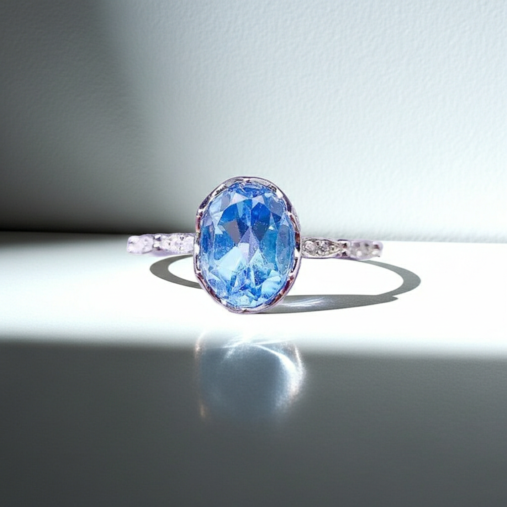 Natural Blue Topaz Ring 6x8mm 1.6CT 925 Sterling Silver