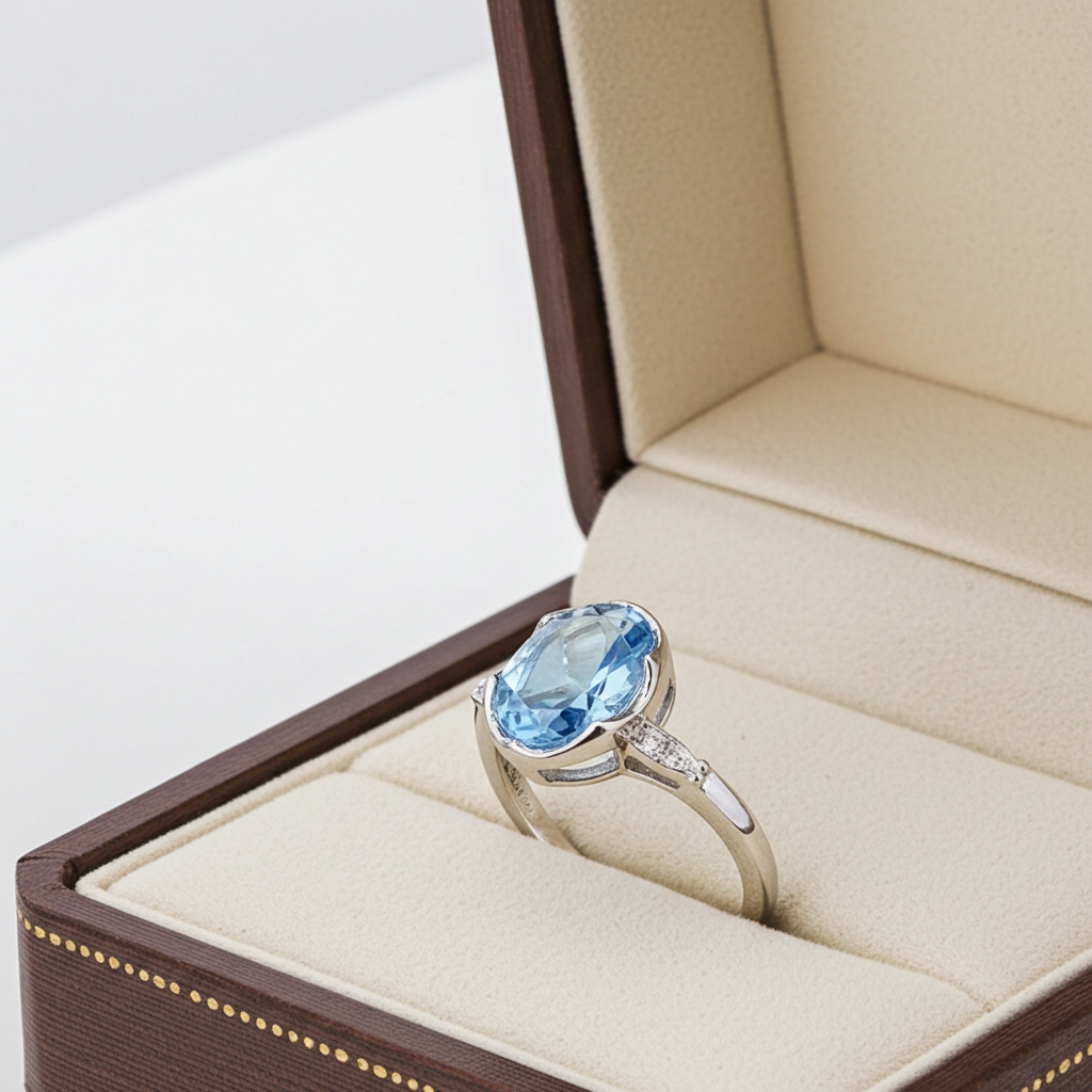 Natural Blue Topaz Ring 6x8mm 1.6CT 925 Sterling Silver