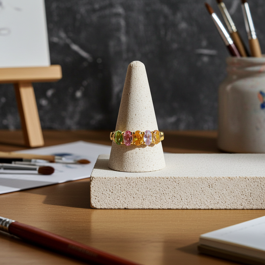 Multicolor Tourmaline Gemstone Band Ring 3x4mm