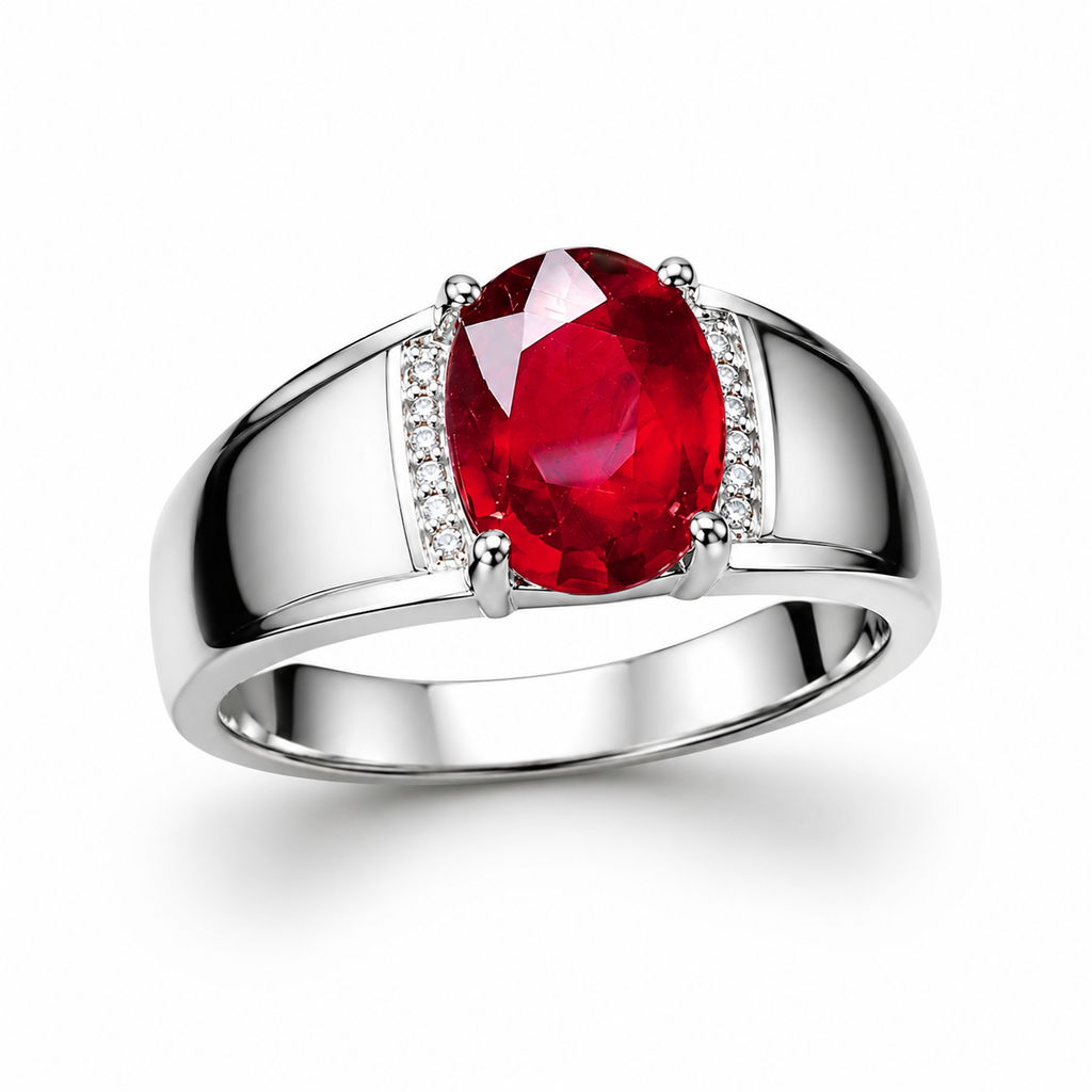  PHIMSERA men's 3 CT ruby ring 45 degree view with 7x9mm oval gemstone