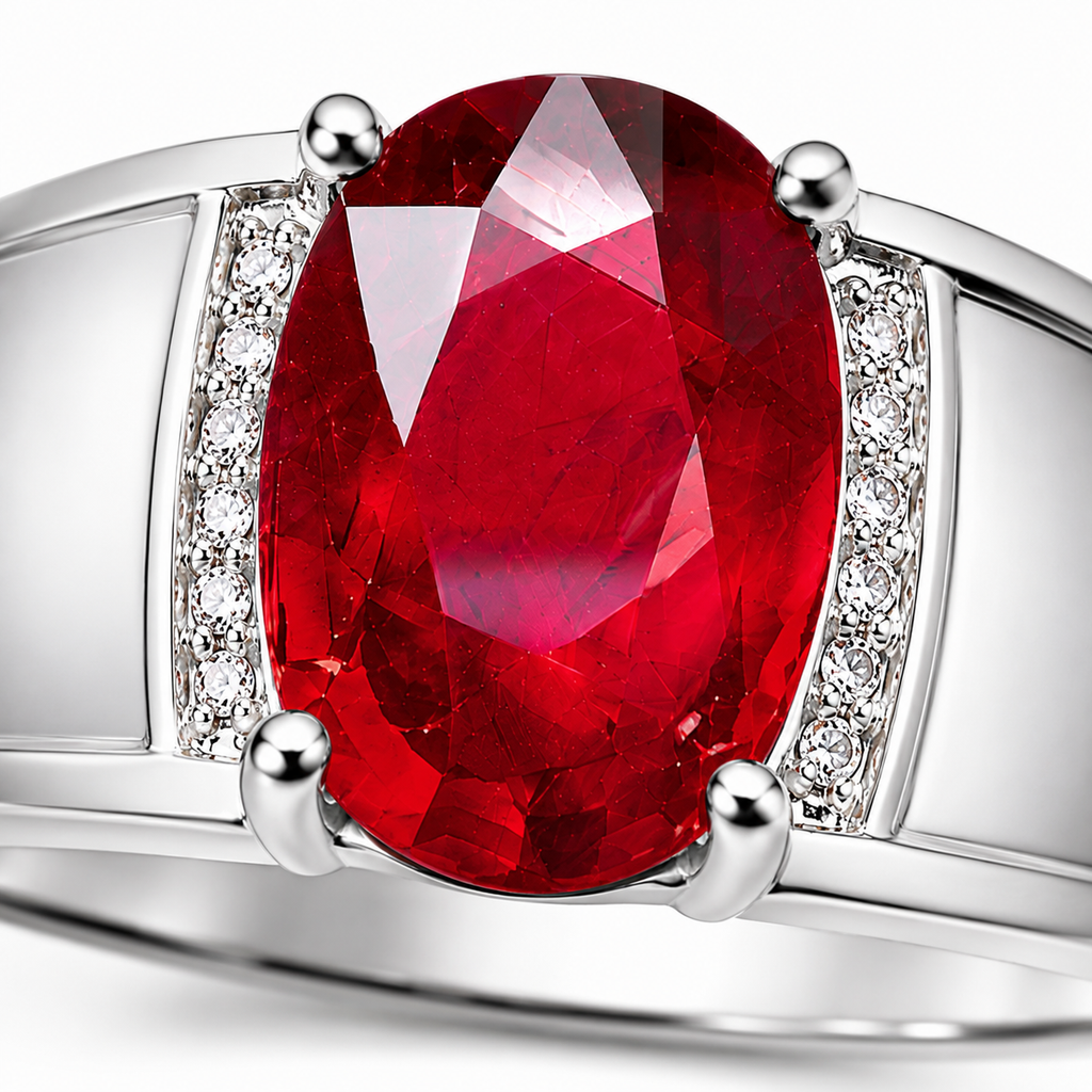 Close-up of PHIMSERA men's 3 CT 7x9mm oval ruby ring