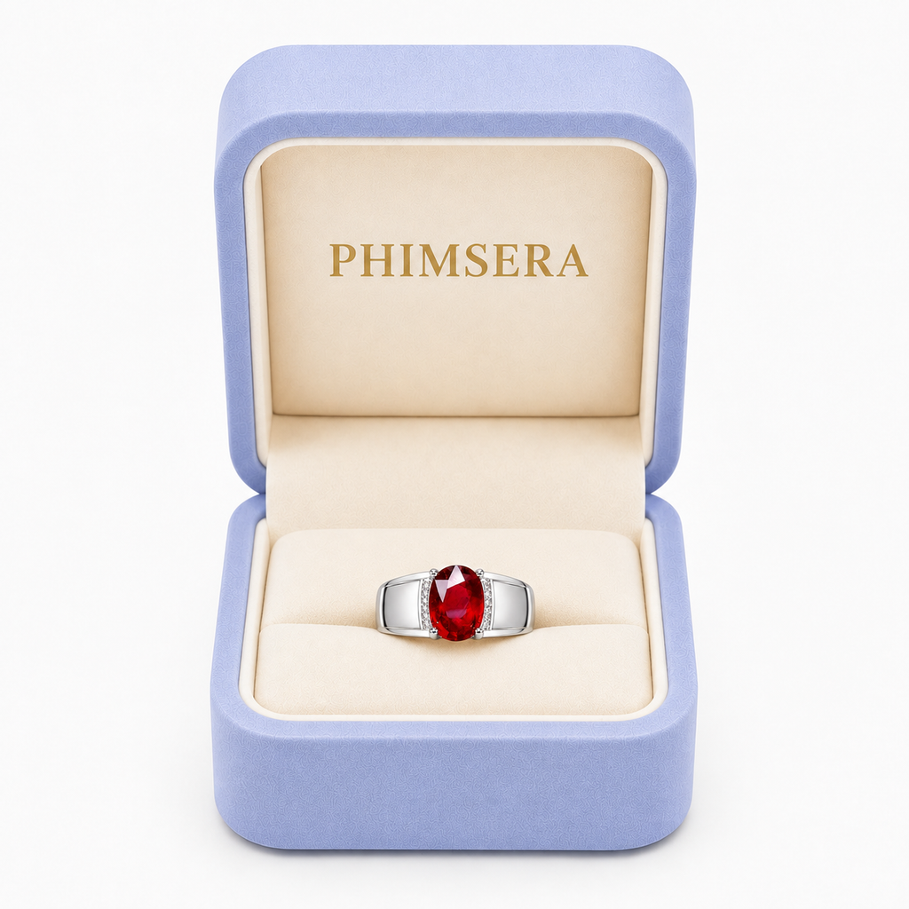PHIMSERA men's 3 CT ruby ring presented in PHIMSERA jewelry box