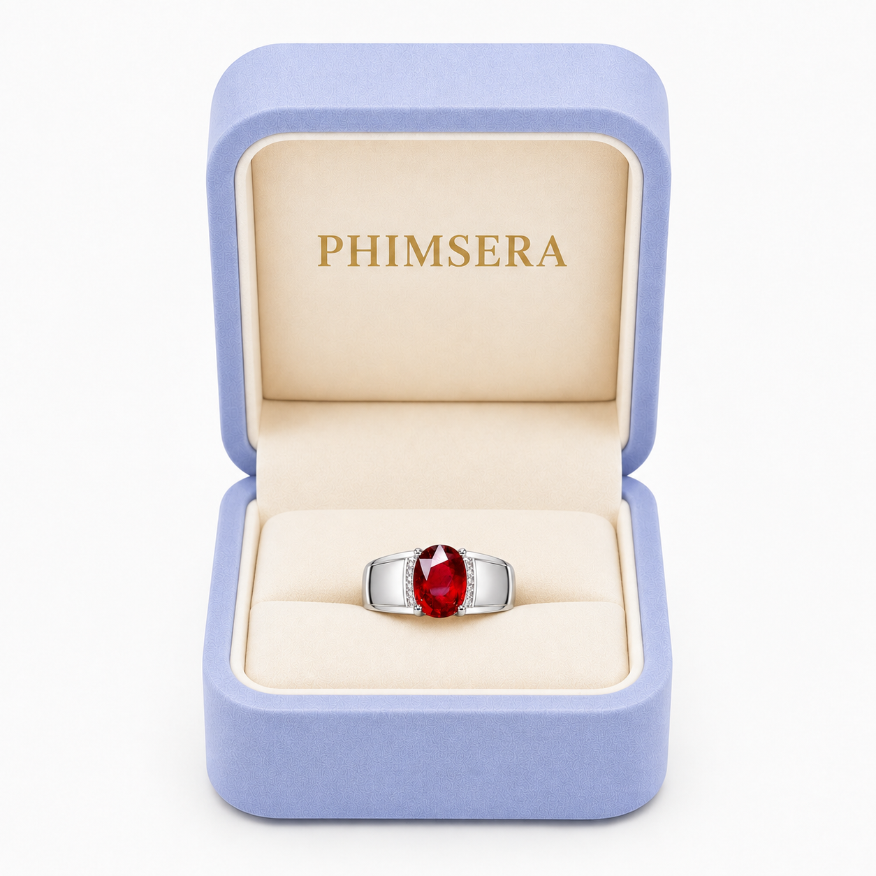 PHIMSERA men's 3 CT ruby ring presented in PHIMSERA jewelry box