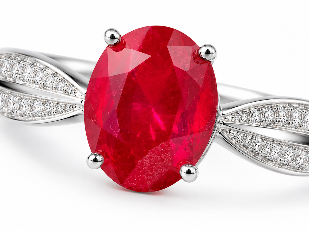 Close-up of PHIMSERA 2 CT 7x9mm natural ruby ring