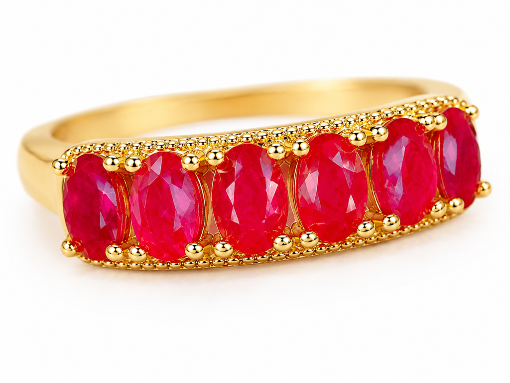 Close-up of PHIMSERA natural ruby band ring with 3x5mm oval gemstones