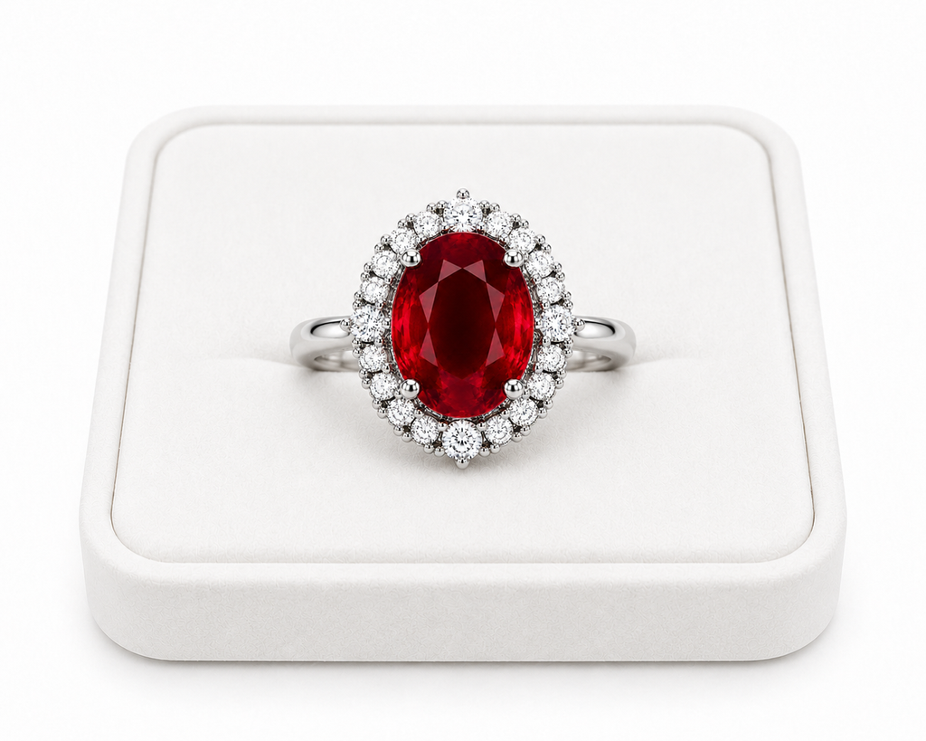 3 CT natural ruby halo ring displayed on luxury white jewelry tray