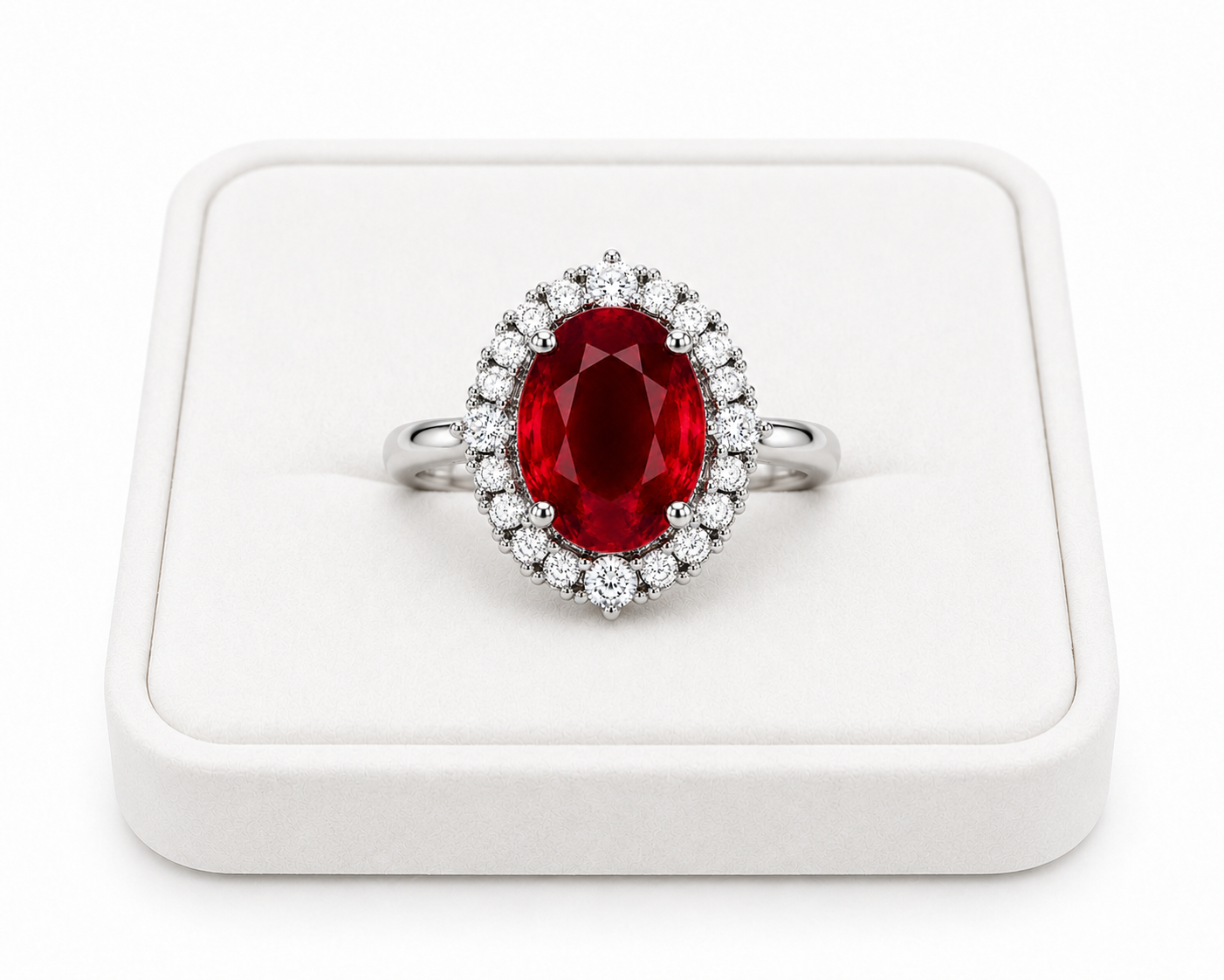 3 CT natural ruby halo ring displayed on luxury white jewelry tray