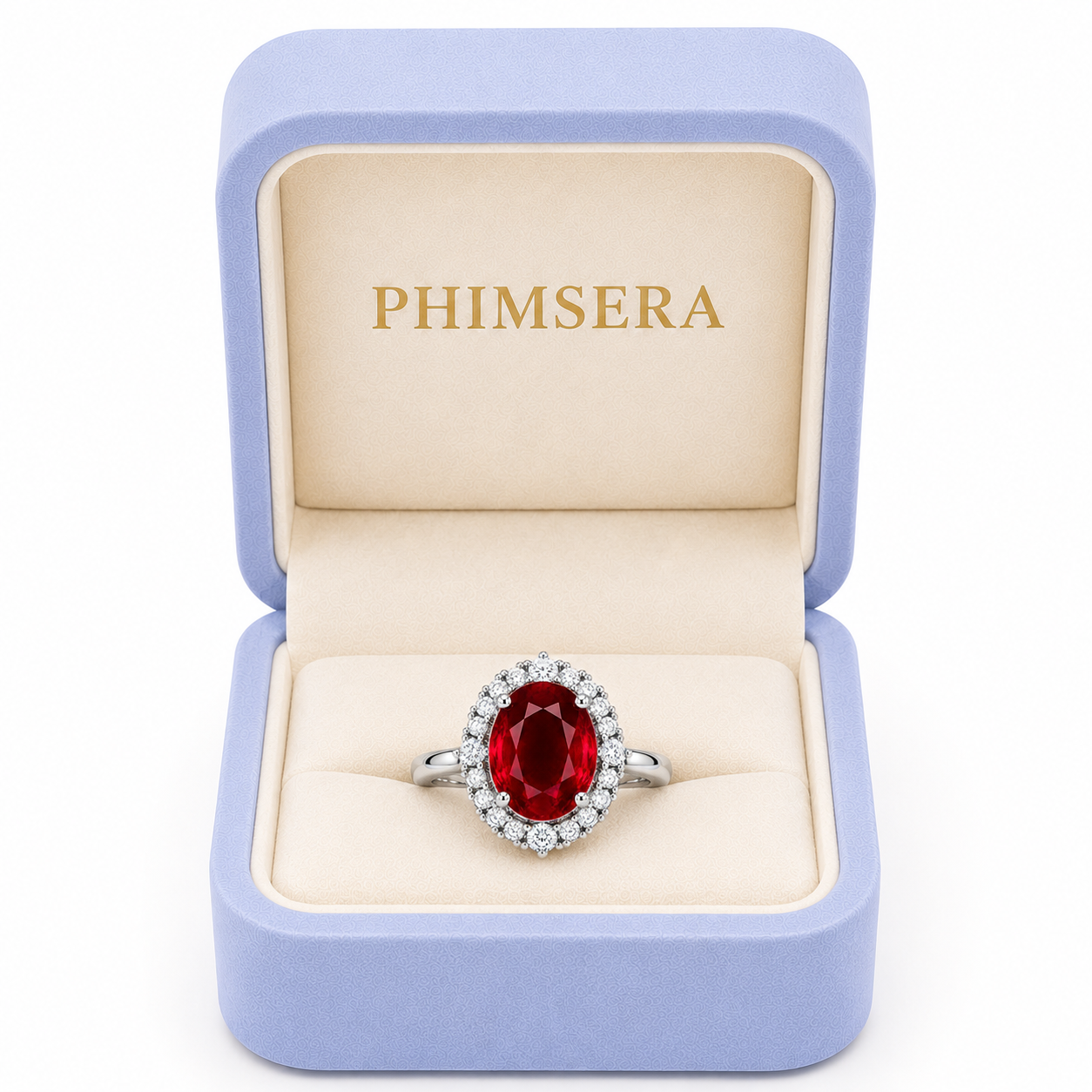 Natural 8x10mm ruby halo ring displayed in Phimsera jewelry gift box