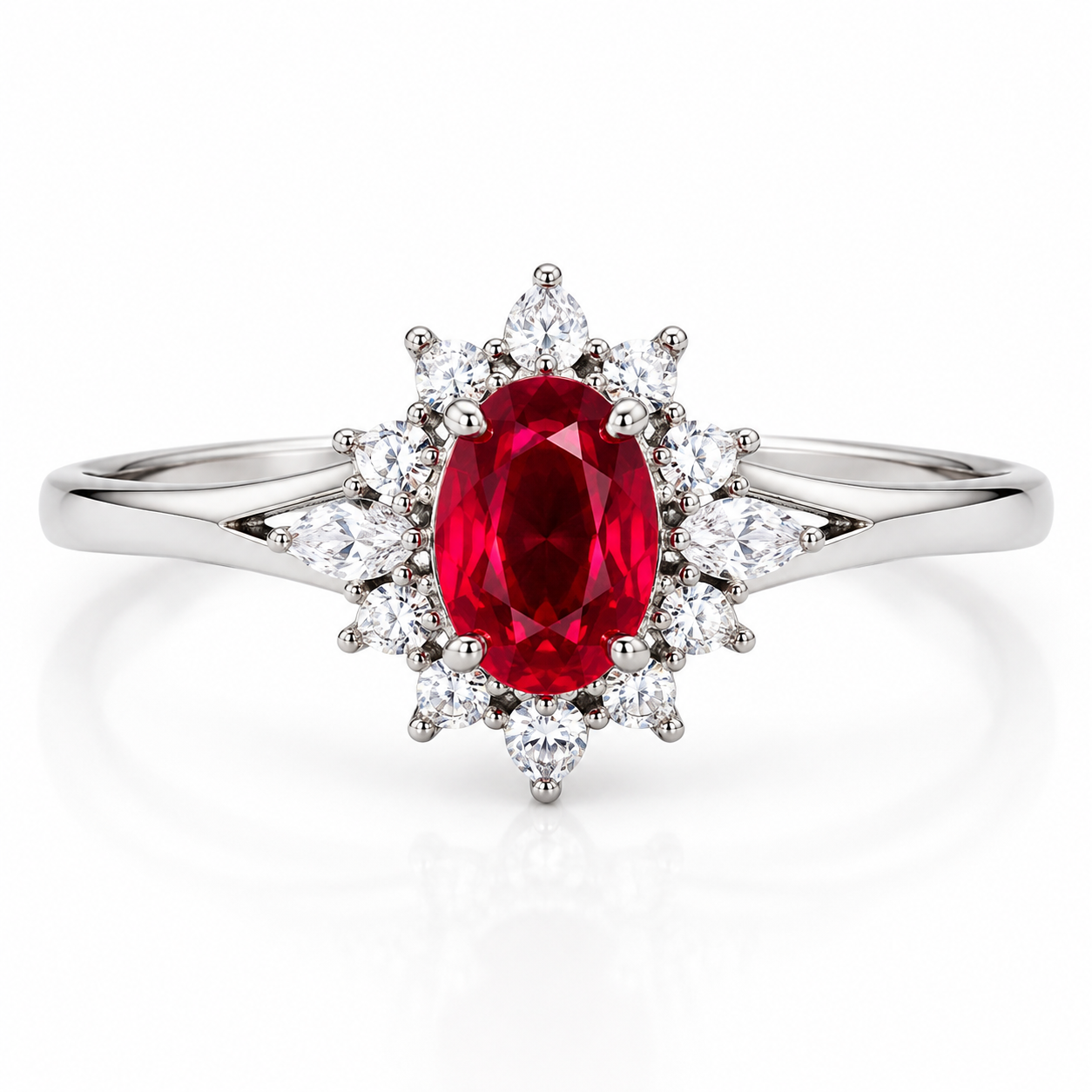Oval natural ruby July birthstone ring in 925 sterling silver top view