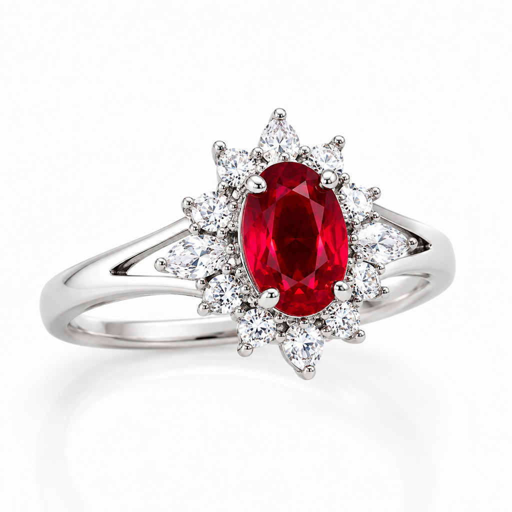 Natural ruby 4x6mm oval gemstone ring with sparkling CZ accents three quarter view