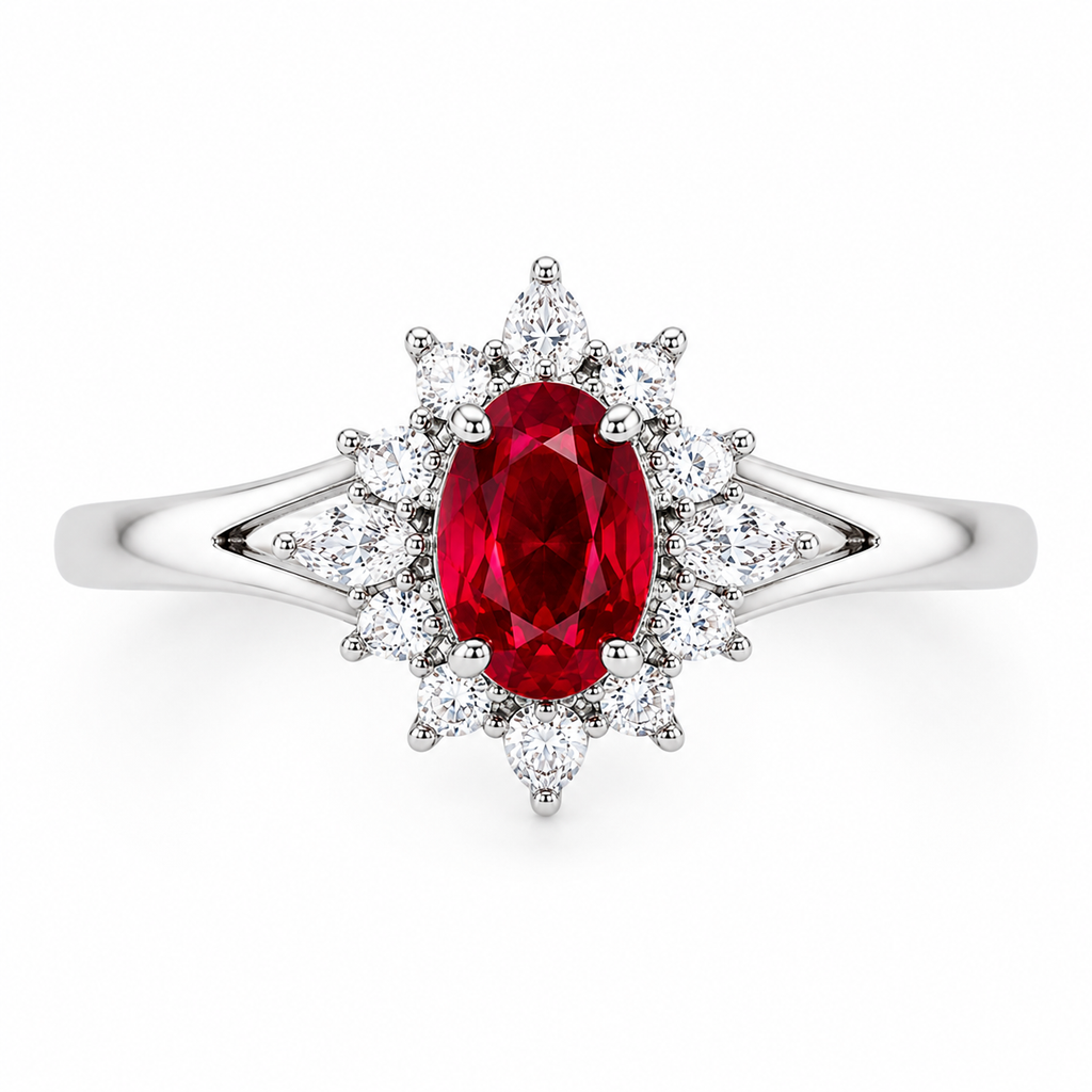 Natural 4x6mm oval ruby ring with cubic zirconia accents in sterling silver front view