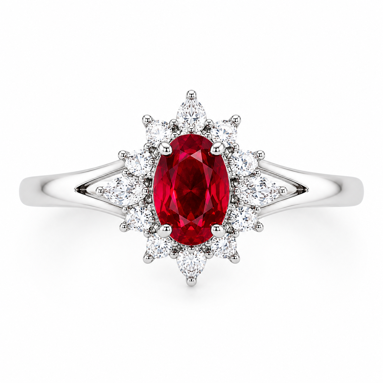 Natural 4x6mm oval ruby ring with cubic zirconia accents in sterling silver front view