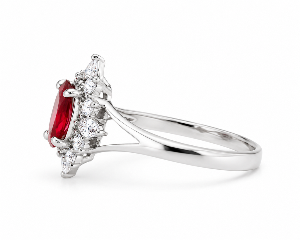 Natural 4x6mm ruby ring with floral cubic zirconia setting side profile