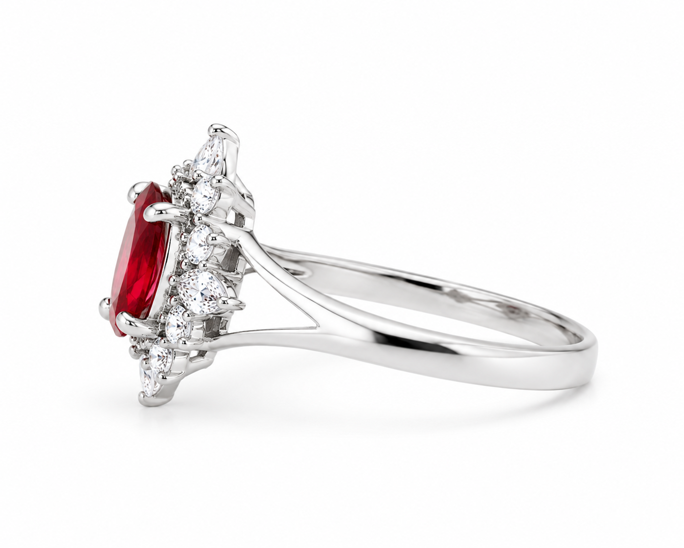 Natural 4x6mm ruby ring with floral cubic zirconia setting side profile