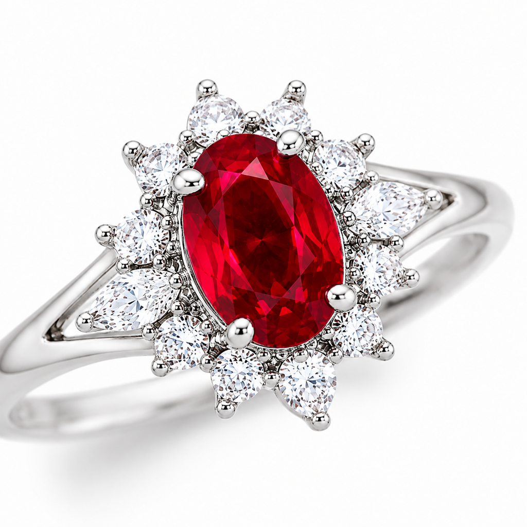 Macro view of natural oval ruby gemstone ring with sparkling cubic zirconia accents