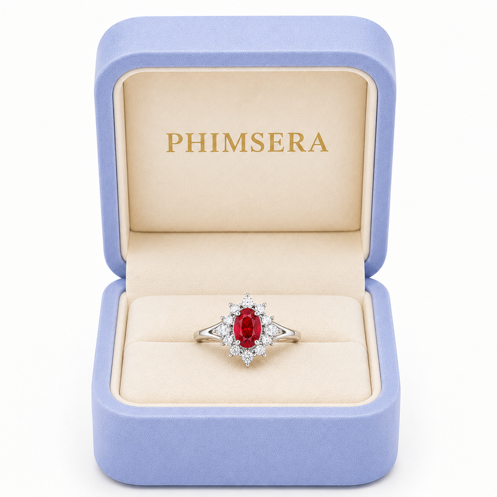 Natural 4x6mm oval ruby ring presented in Phimsera jewelry gift box