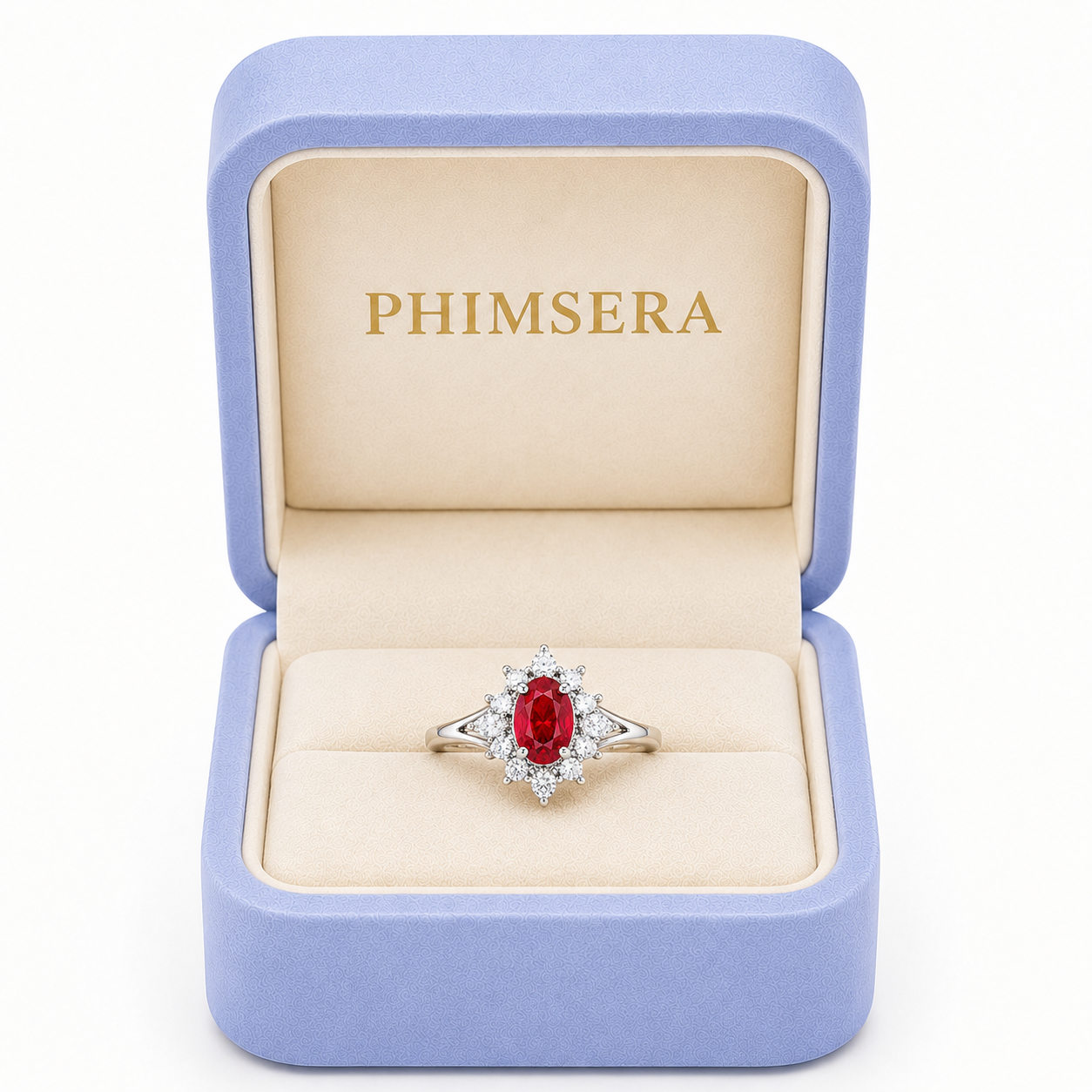 Natural 4x6mm oval ruby ring presented in Phimsera jewelry gift box