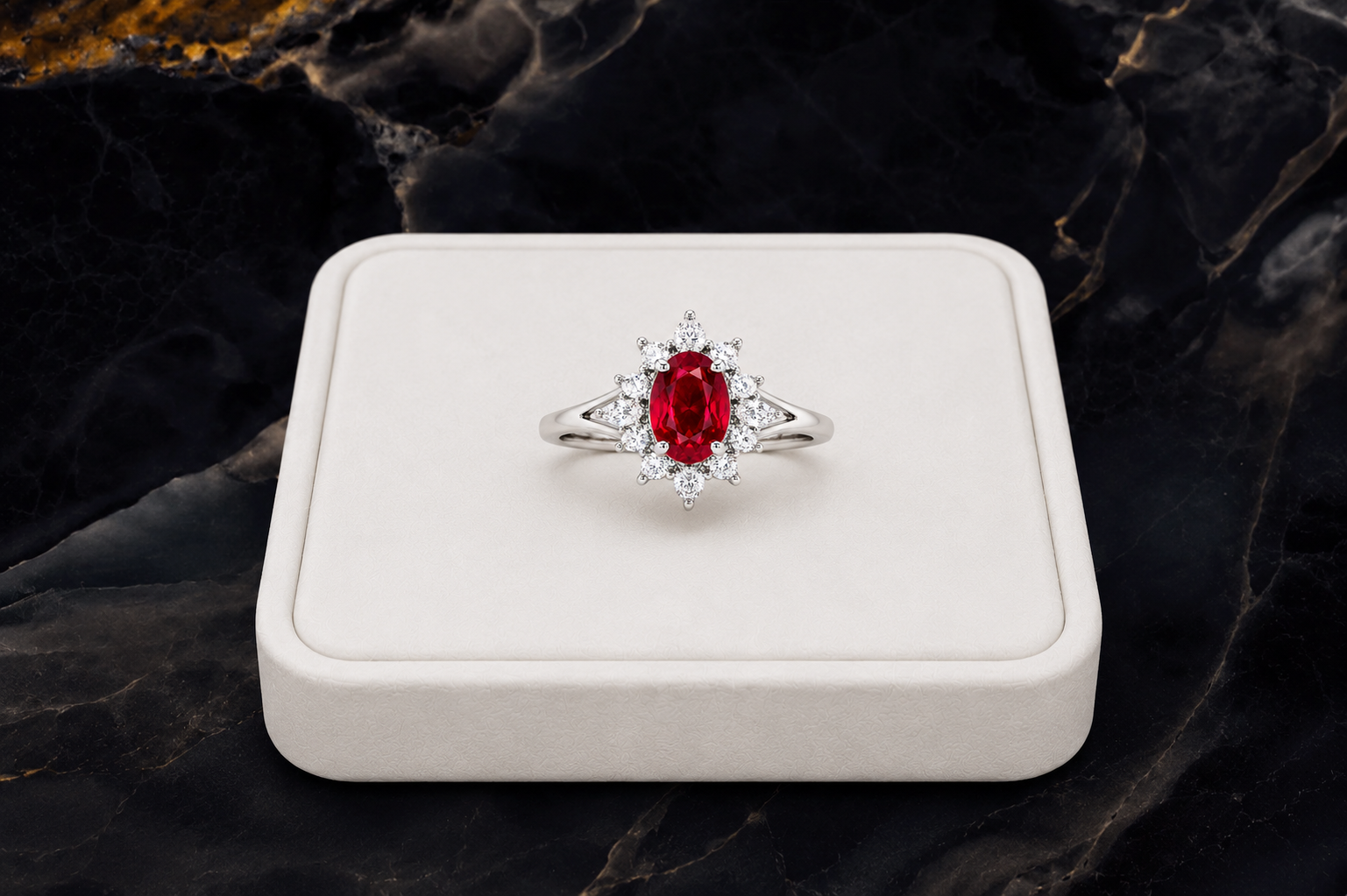 Natural 4x6mm ruby ring displayed on white jewelry tray over luxury black marble