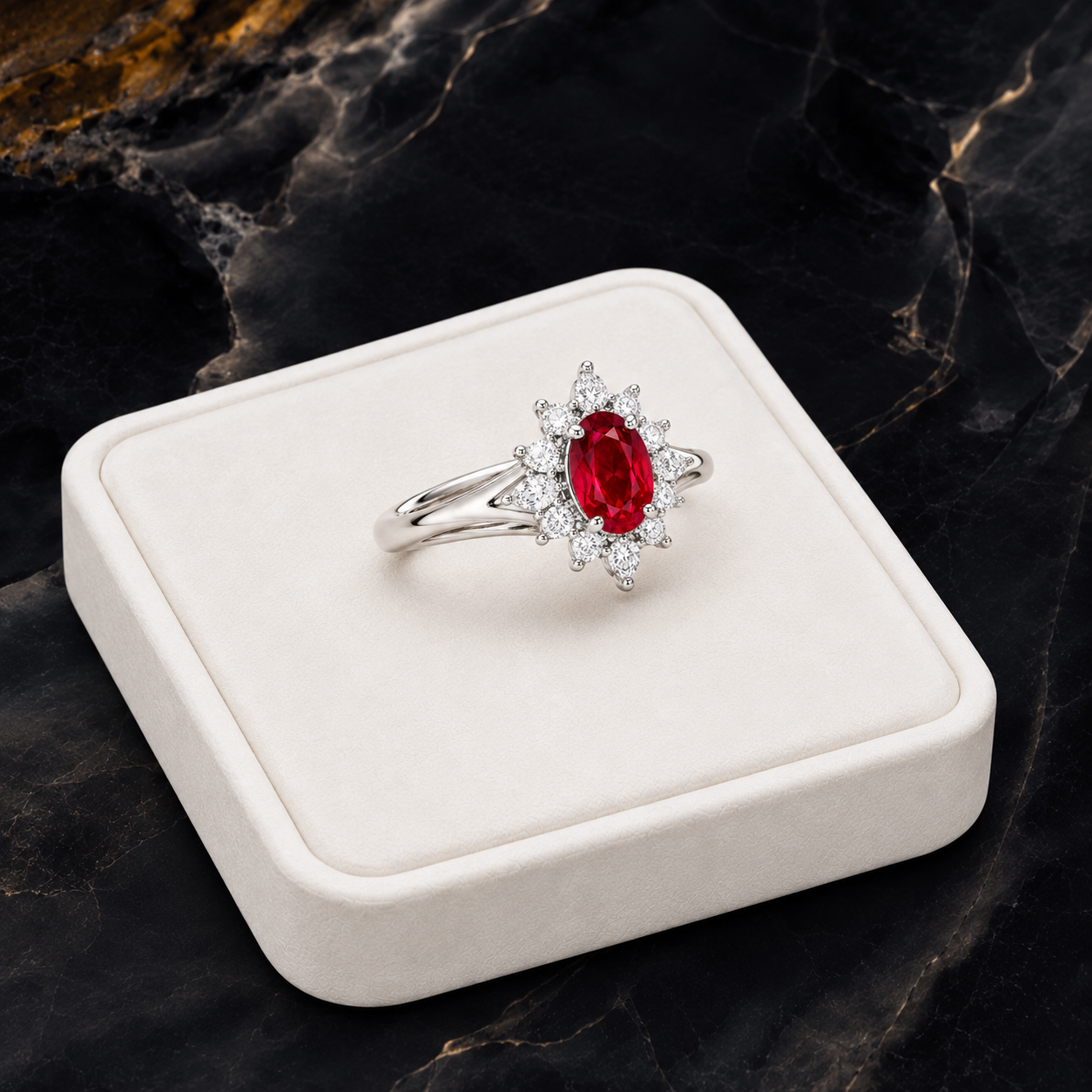 Natural 4x6mm ruby ring displayed on white jewelry tray over luxury black marble