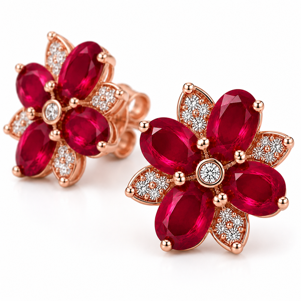 Macro view of 3x4mm natural ruby gemstones in floral cluster earrings