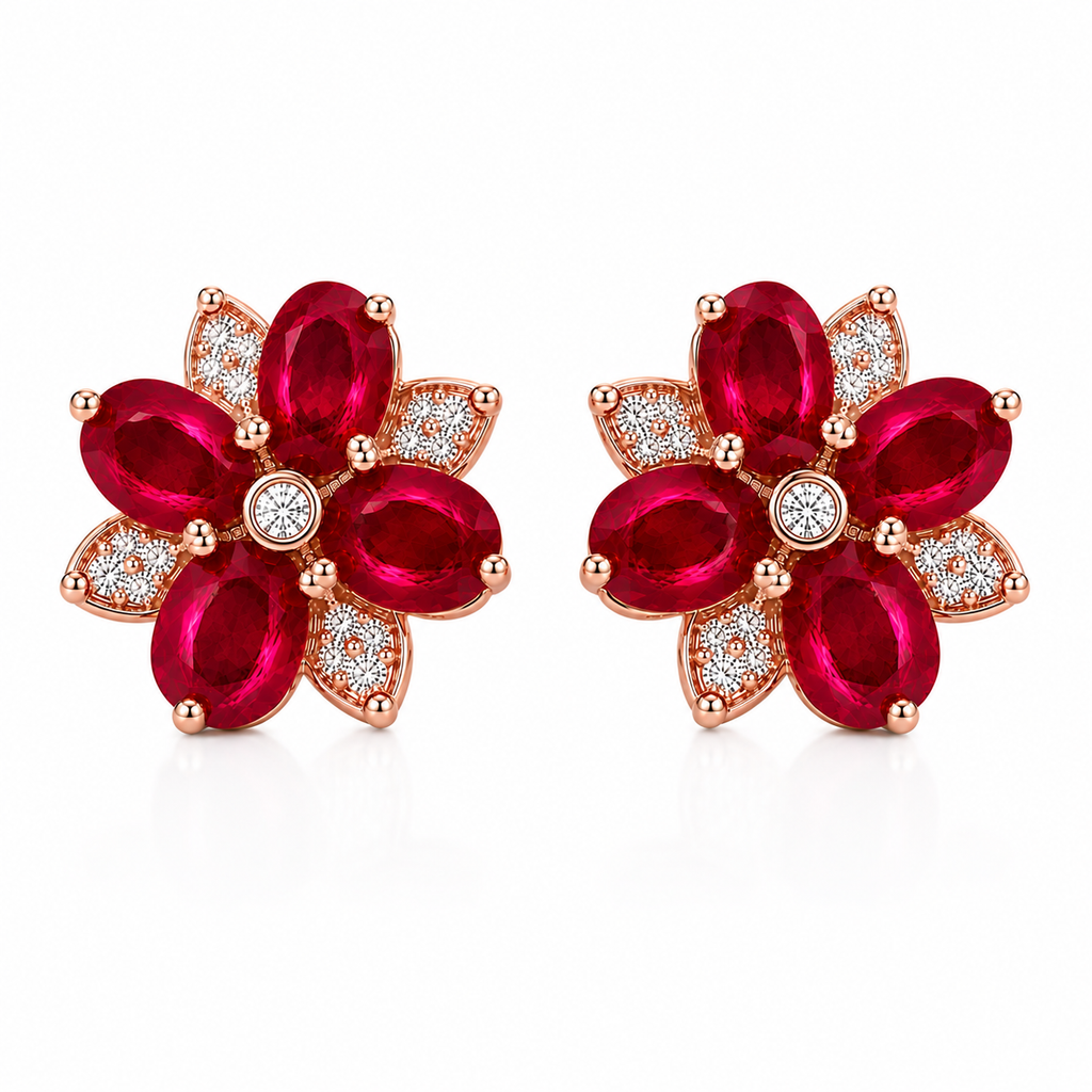 Natural oval ruby flower earrings with sparkling cubic zirconia accents top view