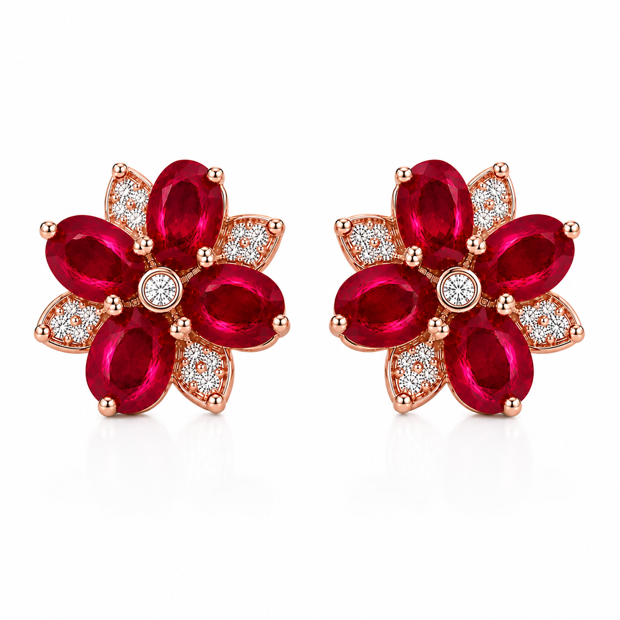 Natural oval ruby flower earrings with sparkling cubic zirconia accents top view