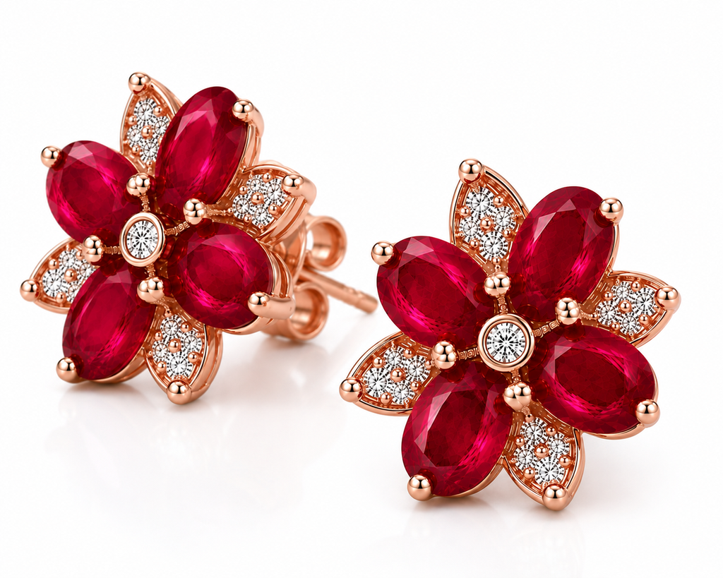 3x4mm natural ruby floral earrings in sterling silver three-quarter view