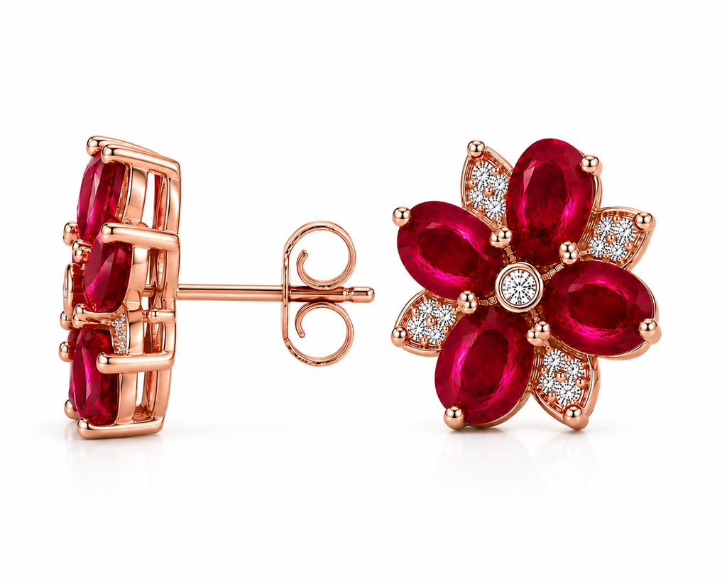 Side profile of natural ruby floral cluster stud earrings with 3x4mm gemstones