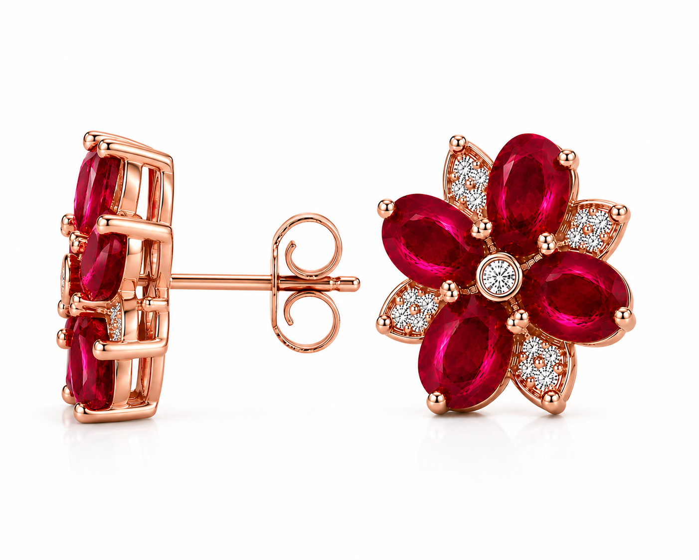 Side profile of natural ruby floral cluster stud earrings with 3x4mm gemstones