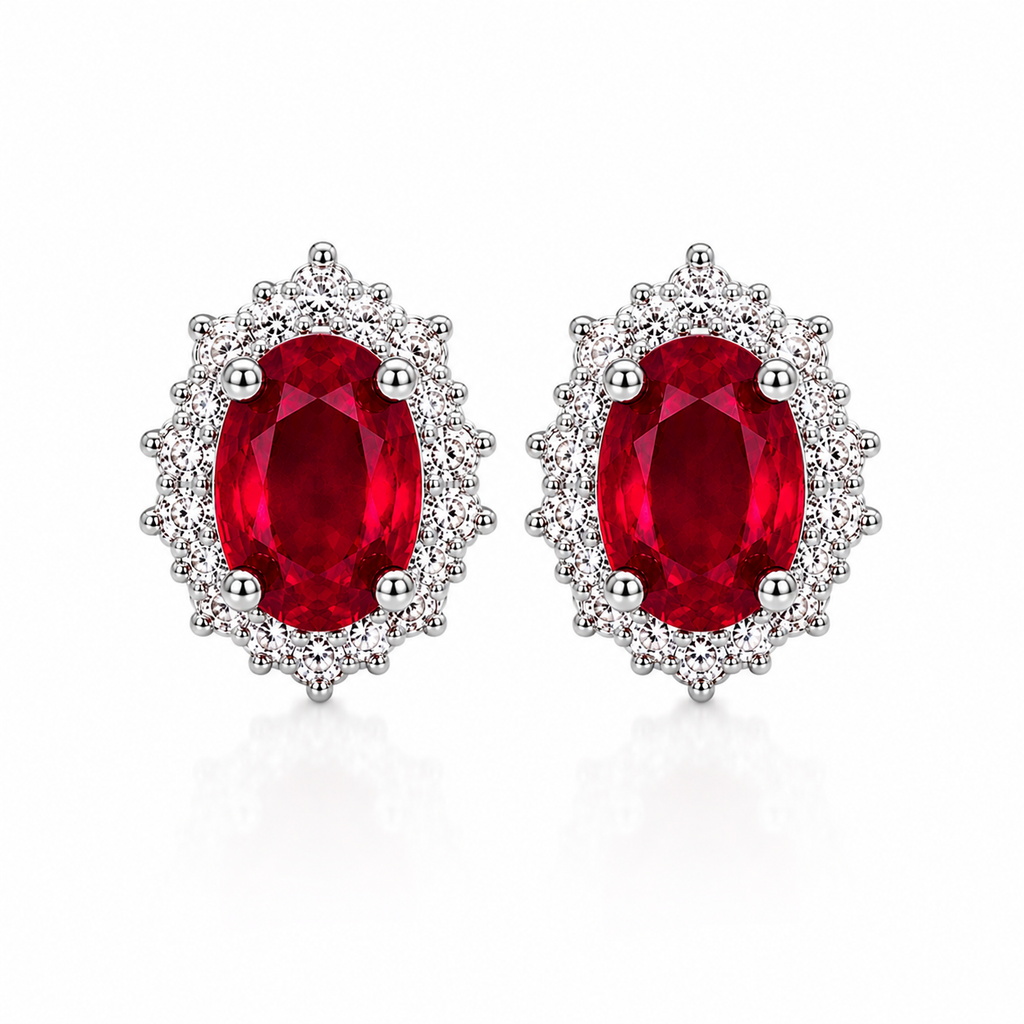 Natural 4x5mm oval ruby halo stud earrings in sterling silver front view