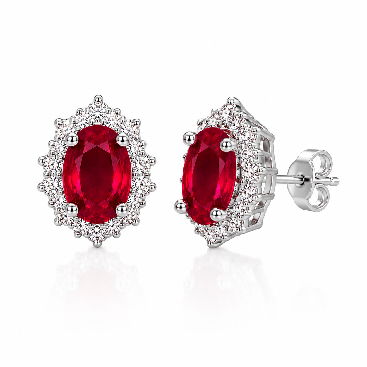 Natural ruby 4x5mm oval stud earrings three quarter angle in sterling silver
