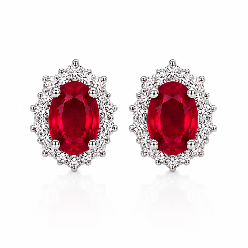 4x5mm natural ruby halo stud earrings top view with cubic zirconia accents