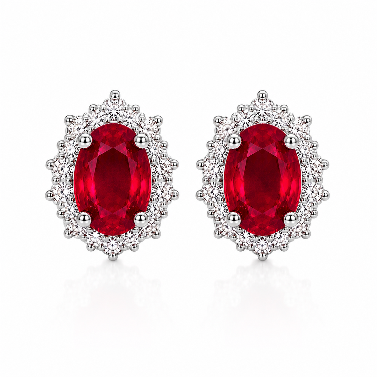 4x5mm natural ruby halo stud earrings top view with cubic zirconia accents