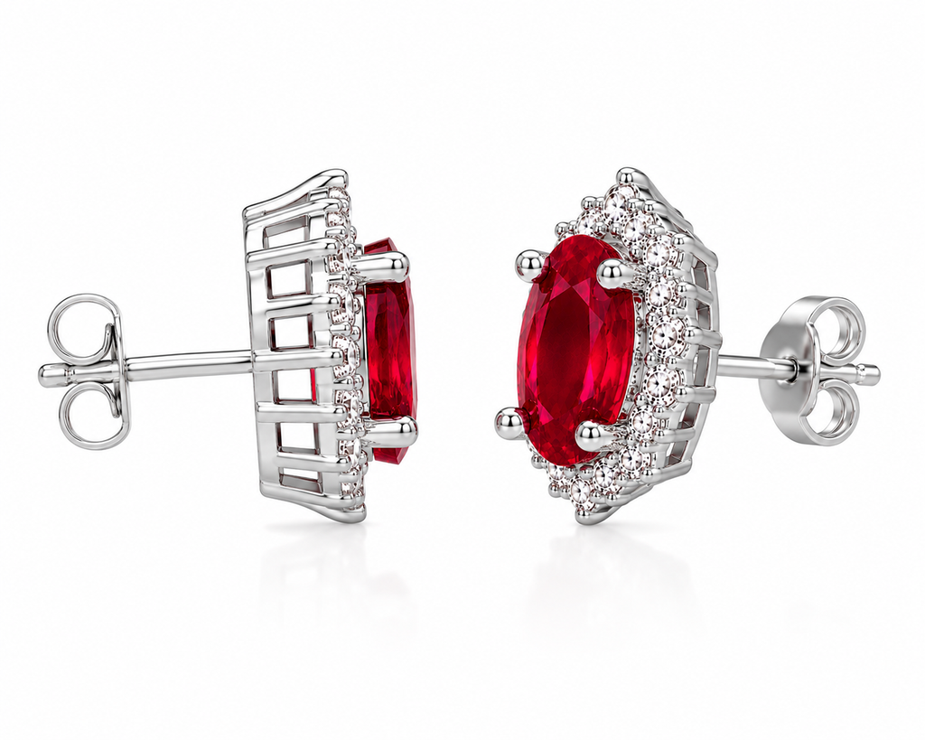 Natural oval ruby stud earrings side profile showing sterling silver halo setting