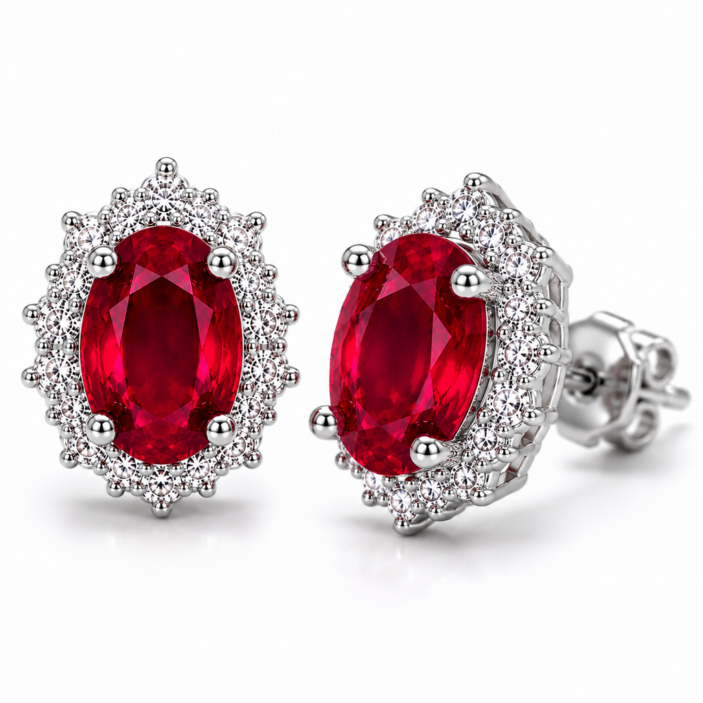 Macro close-up of natural 4x5mm ruby gemstones in halo stud earrings