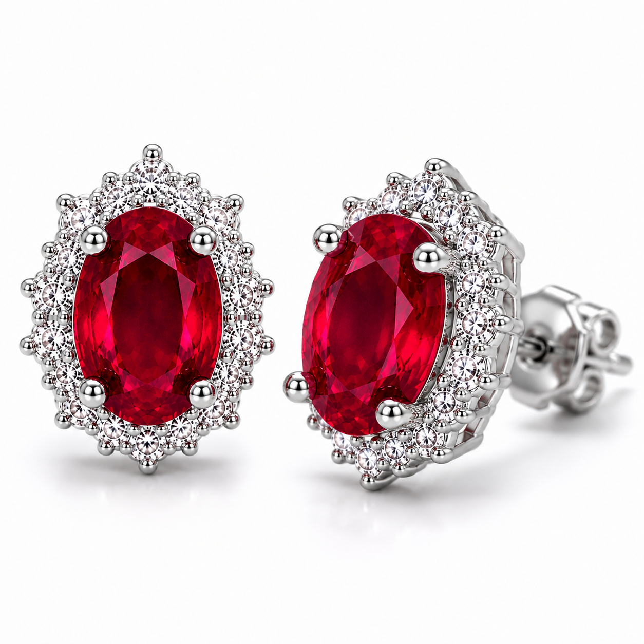 Macro close-up of natural 4x5mm ruby gemstones in halo stud earrings